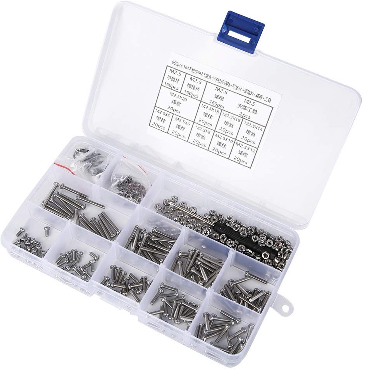 Set van 662 Stuks M2.5 Schroeven met Kruiskop, RVS Pan Head Schroeven en Elastische Ringmoeren voor Diverse Toepassingen