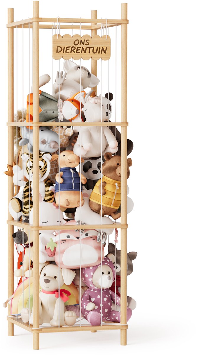SpaceAid Bamboe Knuffelopbergrek 'Our Zoo' - Babykamer opberg voor pluche dieren en baby speelgoed - 40 cm breed natuurhout frame - Ruime opslag voor de kinderkamer