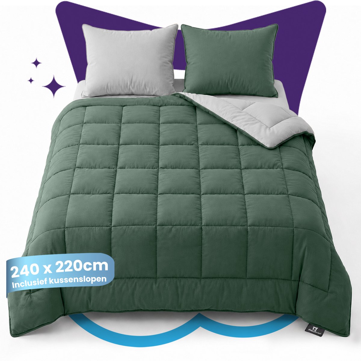 Slaapspeciaal All year dekbed enkel - eazydekbed ® Series Groen/Grijs - Dekbed zonder overtrek | 240x220 cm - Hoesloos dekbed - Inclusief Kussenslopen - Bedrukt dekbed zonder overtrek - Dekbed in kleur - Gekleurd dekbed - Lits Jumeaux Dekbed