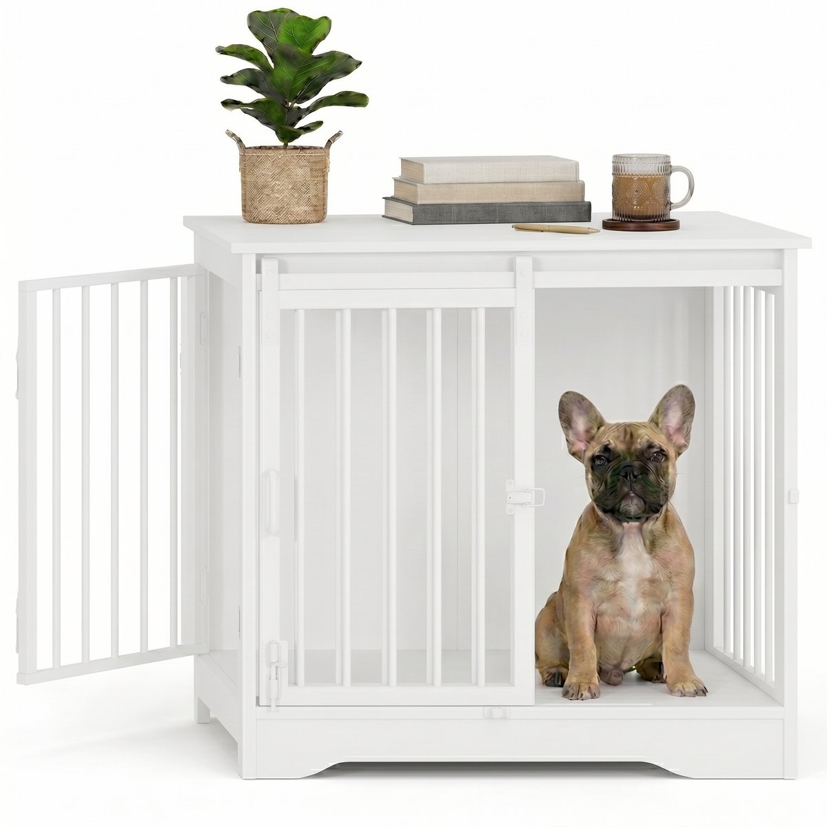 Aiverig® Hondenbench Hout Meubel – met Schuifdeur & Zijdeur – Hondenhok voor Binnen & Hondenkooi – Krasvrije Poten & Anti-knaag Sloten – Voor Kleine tot Middelgrote Honden – Wit – 69×49×65 CM