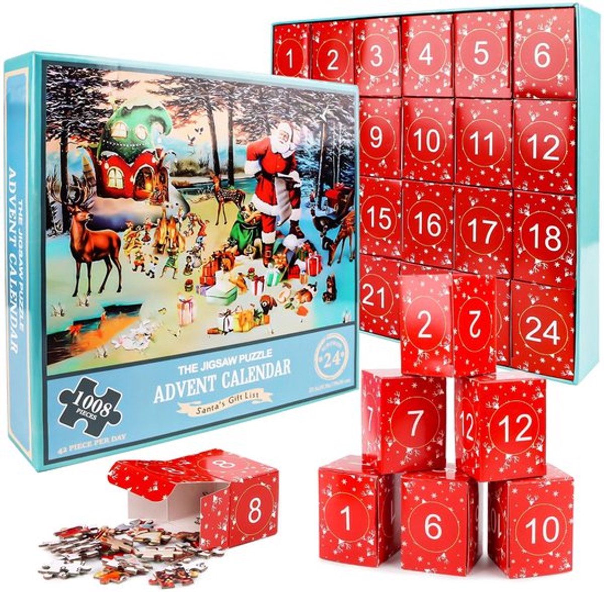 Dailygoods - Adventskalender 2024 - Kerstpuzzel - 1008 Delen - Blauw - Aftellen tot