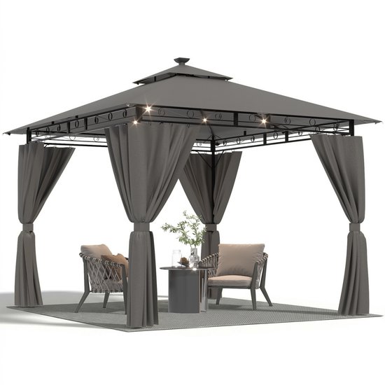 Devoko Tuinpaviljoen 3x3 m - LED-verlichting op zonne-energie - Instelbare helderheid-timerfunctie - waterdicht en UV-bestendig - ademend dubbel dak - met vier zijwanden - Grijs