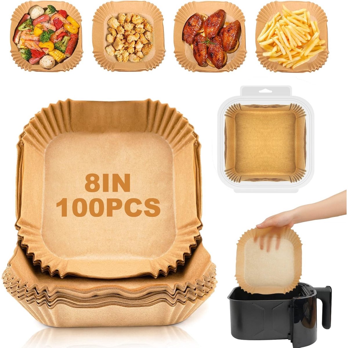 Airfryer bakpapier - TENZHVXI® - Voor airfryer, frituurpan en oven - Maximale temperatuurbestendigheid 428 °C - Vierkant - 20 cm - Bruin