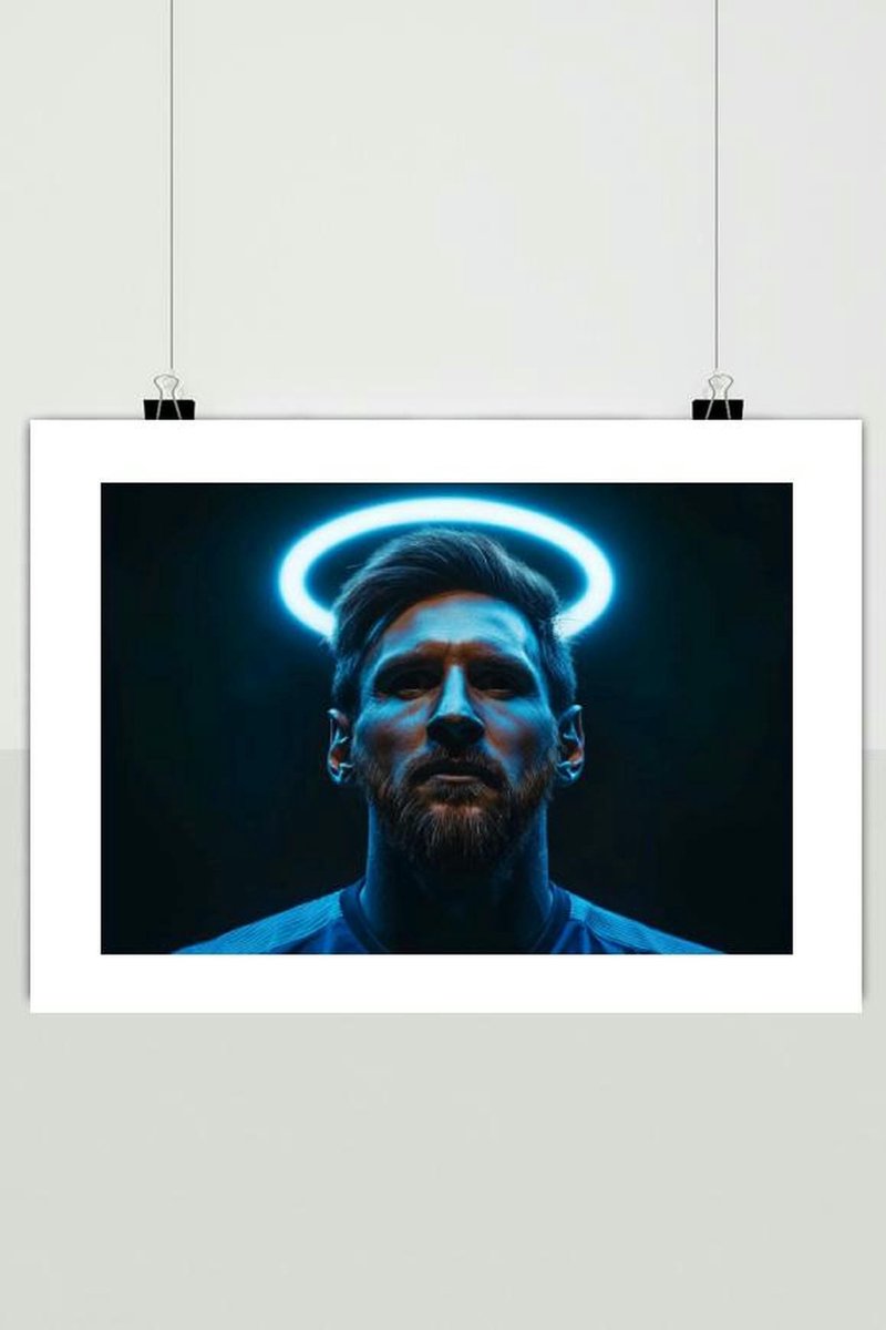 Lionel Messi Poster - Halo - Voetbal - Sport - Argentinië - Spits - Voetbalster - Kampioen - posters - formaat 50x70cm - Wanddecoratie - BS4362 - Met Witte Rand - passe-partouts stijl