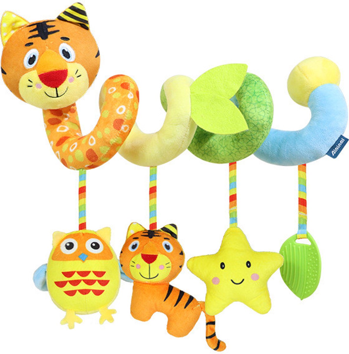 COOAU - Boxspiraal Baby Speelgoed - Pluchen Knuffel met Rammelaar voor Kinderwagen, Autostoel & Buggy - Sensorisch Speelgoed voor Baby's van 0-6 Maanden - Unisex - Zacht & Veilig - Kleurrijke Tijger