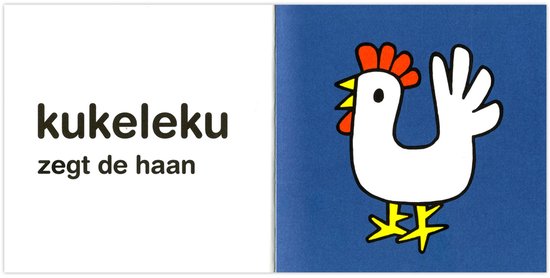 Een witte haan met een rode kam en gele poten op een blauwe achtergrond. "kukeleku zegt de haan".