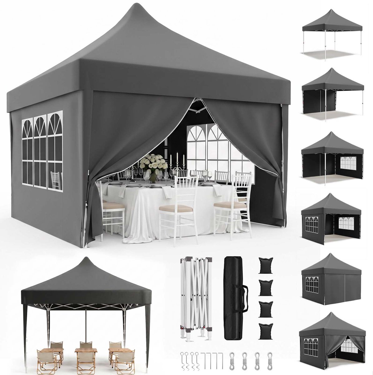 Devoko Luxe Partytent 3x3 m – opvouwbaar snelopzetbaar tuinpaviljoen met zijwanden – Waterdicht en UV-bestendig – Inclusief opbergtas – 3 Hoogteverstelbaar – Grijs