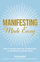 Boek "Manifesting Made Easy" met gouden en witte tekst op een lichtblauwe achtergrond met zonnestralen.