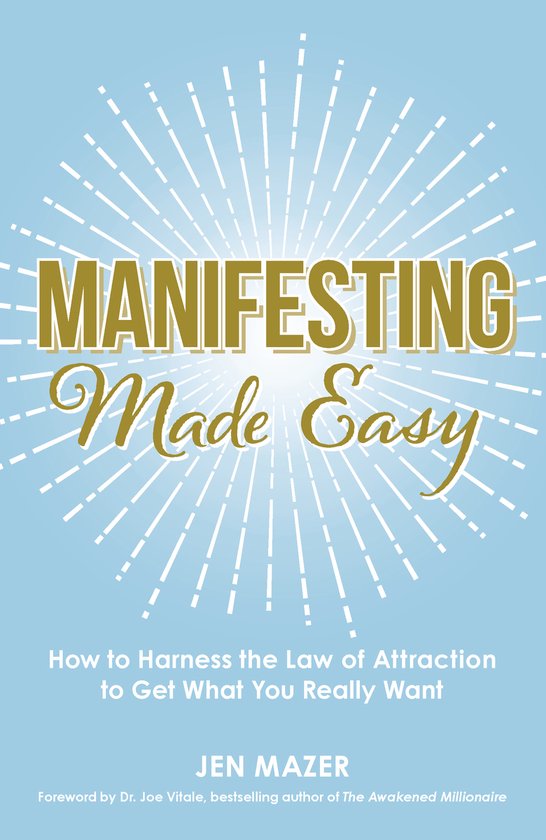 Boek "Manifesting Made Easy" met gouden en witte tekst op een lichtblauwe achtergrond met zonnestralen.