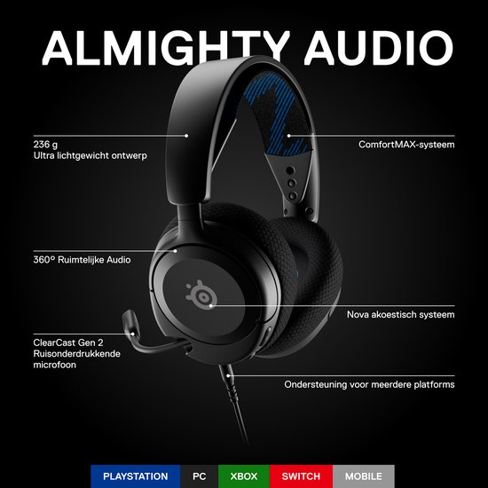 Gedetailleerde zwarte gaming headset met "Almighty Audio" tekst. Kenmerken: ComfortMAX-systeem, Nova akoestisch systeem, ClearCast Gen 2 microfoon.