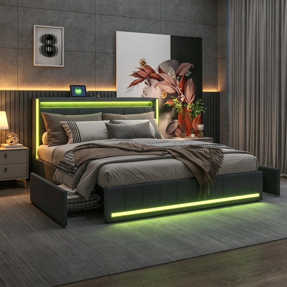 Gestoffeerd Bed 160x200 cm met LED & USB/Type-C,Opbergbed,Tweepersoonsbed met Lattenbodem,gestoffeerd bedframe,Jongerenbed,Linnen,Grijs,Zonder Matras