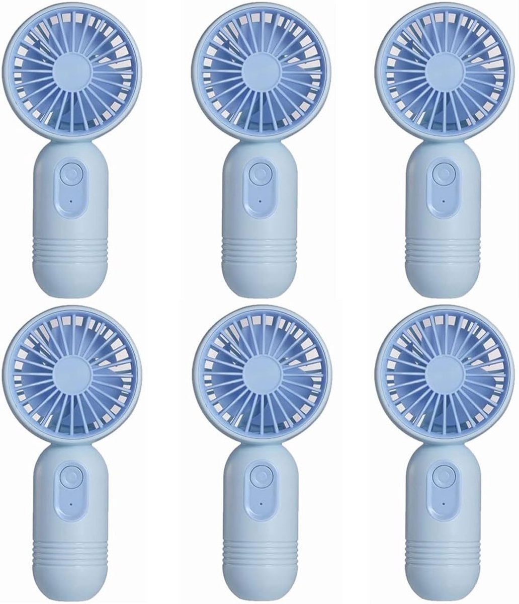 Mini draagbare ventilatoren (6 stuks), schattige, lichtgewicht handventilatoren op batterijen, 3 windsnelheden, USB oplaadbaar, wimperventilator, unisex, geschikt voor kantoor, buiten, reizen en kamperen - blauw.