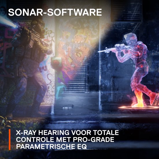 Twee geanimeerde soldaten in een gang met graffiti. Tekst "Sonar-software" en "X-ray hearing".