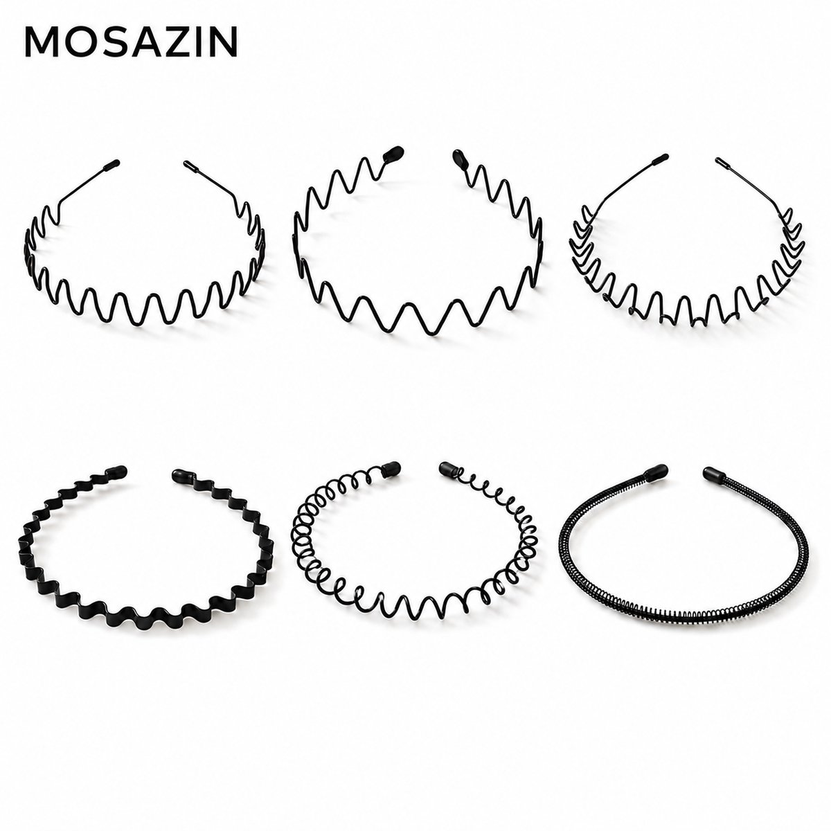 MOSAZIN Haarband Heren en Dames – 6 Stuks Metalen Haarbanden Zwart – Unisex Sport Haarband – Verstelbaar