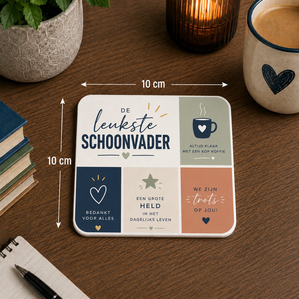 Onderzetter De Leukste Schoonvader – 10 x 10 cm – Cadeau voor Schoonvader – Vierkante Onderzetter met Tekst
