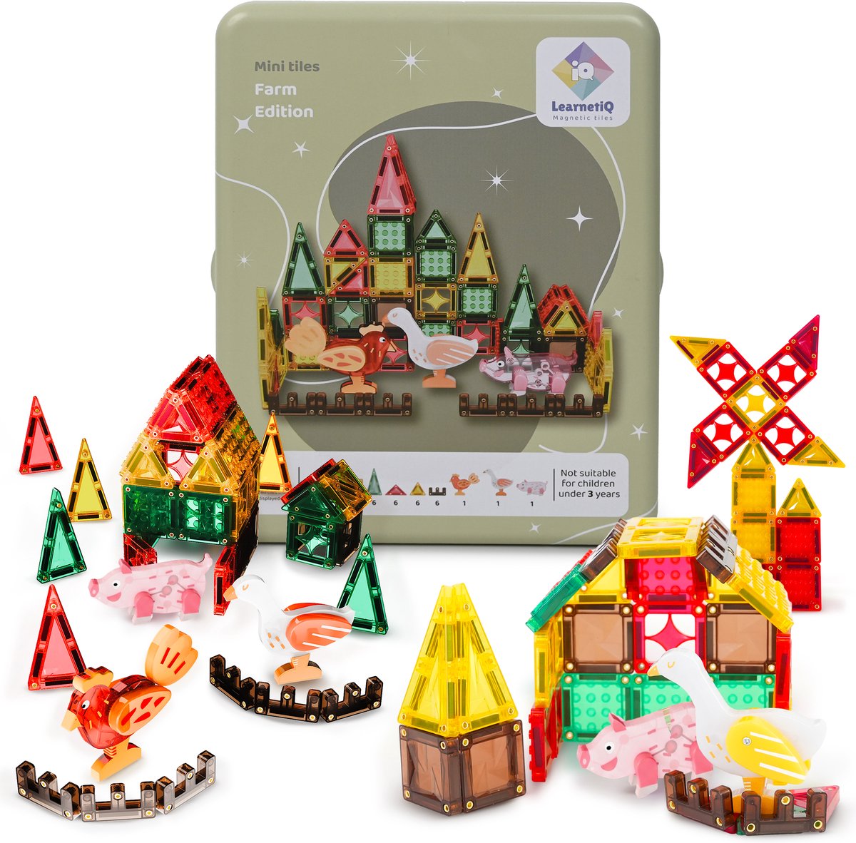 LearnetiQ - Boederij Mini Tiles 55-delige - Travel Set - Magnetisch Speelgoed - Compatibel Met Magna Tiles - Bouwblokken - Speelgoed Voor In Auto –