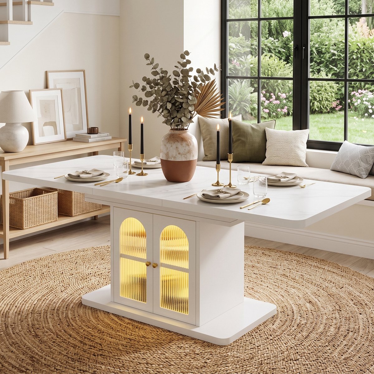 PHOEBE CAT Uitschuifbare Eettafel - 150/200 × 80 cm - Geschikt voor 6–8 personen - Marmerlook - Met opbergkast - LED-verlichting - Wit