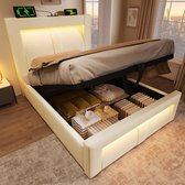 Lit une personne 90x200 cm avec espace de rangement - Éclairage LED - Ports de recharge USB et Type-C - tête de lit incurvée - beige - sans matelas