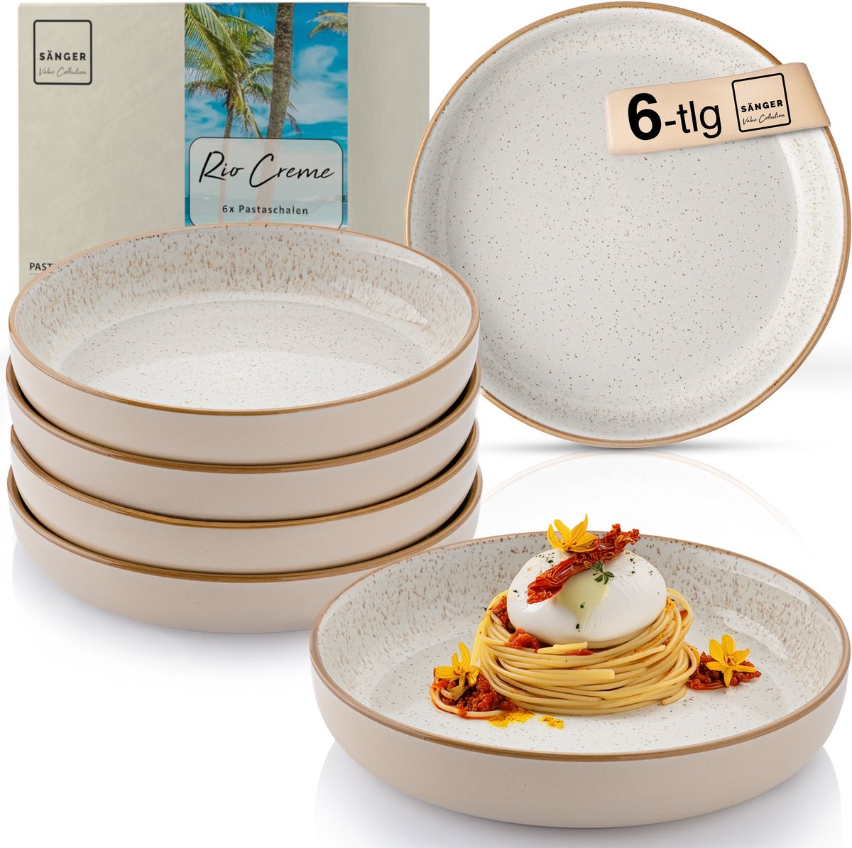 SÄNGER Rio Crème Pastaschalen Set - 6-Delig Aardewerk Kommen - Ø 22,2 cm x 4,5 cm - 750 ml - Crème Kleur - Krasbestendig - Vaatwasser- En Magnetronbestendig