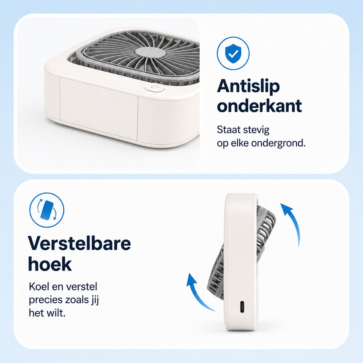 Draagbare Bureauventilator - Lichtgewicht USB-C Ventilator - Handventilator Oplaadbaar - Mini Tafel Ventilator - 3 Standen - Mini Desk Fan - Compacte Kleine Oplaadbare Ventilator - voor Auto, Kantoor & Onderweg - Handwaaier - Wit - Silvergear thumbnail 7