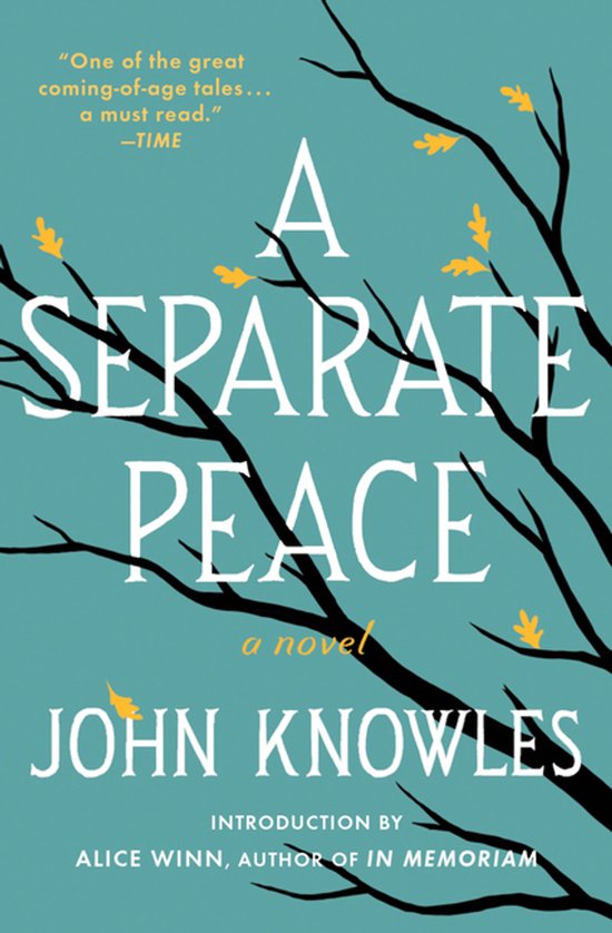 Livre "A Separate Peace" de John Knowles, avec des branches et des feuilles jaunes sur fond bleu.