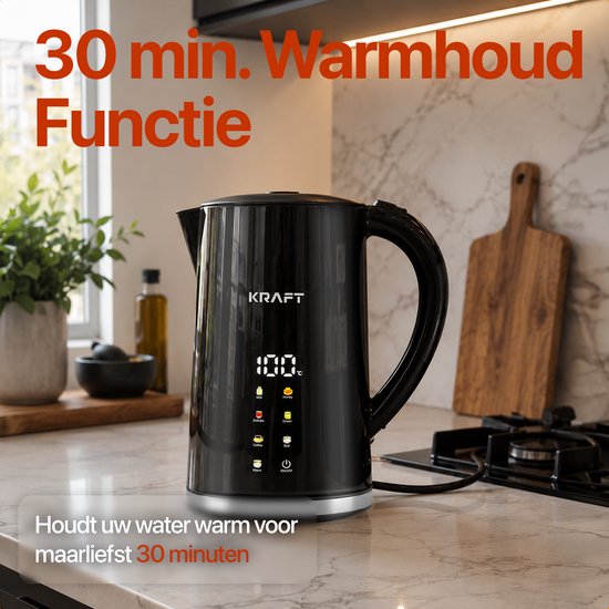 Zwarte KRAFT waterkoker met LED-display op een keukenblad. "30 min. Warmhoud Functie"