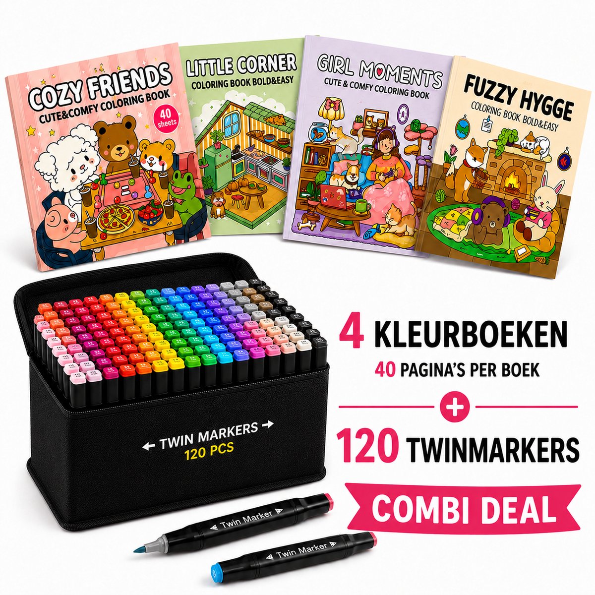 Twinmarkers - 120 STUKS - Alcohol markers - Dubbelzijdige Stiften - Markeerstiften - INC KLEURBOEKJES - Combi deal - Cozy Coloring Book - Fuzzy Hygge - alcoholstiften - Kleuren voor kinderen en volwassenen - Hobby & Professionele Set