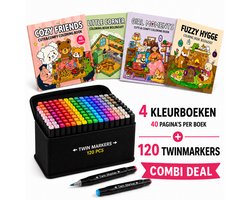Twinmarkers - 120 STUKS - Alcohol markers - Dubbelzijdige Stiften - Markeerstiften - INC KLEURBOEKJES - Combi deal - Cozy Coloring Book - Fuzzy Hygge - alcoholstiften - Kleuren voor kinderen en volwassenen - Hobby & Professionele Set