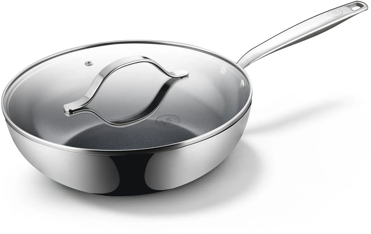 BE Living RVS Wokpan met Deksel - Ø 28 cm - Keramisch - Inductie Pan - PFAS Vrij Anti Aanbak - Bakpan - Essential Series