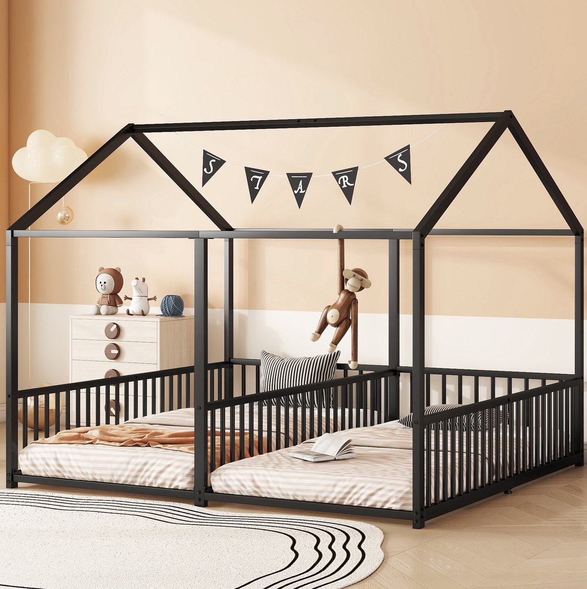 MEUNIQ Stapelbed 90x200 cm van metaal met huisvorm, veiligheidshek en ladder, kinderbed voor 2 kinderen, zonder matras, zwart