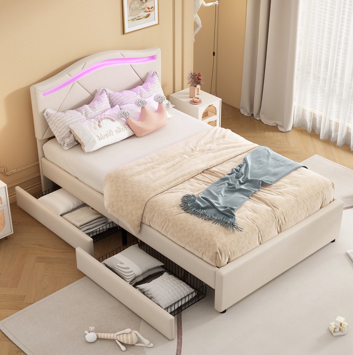 MEUNIQ normaal bed 90x200 cm met lattenbodem, LED-verlichting, 2 lades en verstelbaar hoofdeinde, eenpersoons bed voor slaapkamer, beige stof
