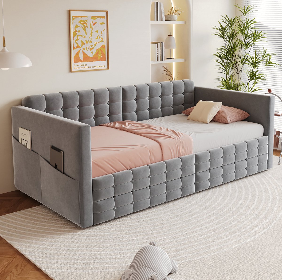 MEUNIQ slaapbank 90 x 190 cm met 2 lades, zijvakken en lattenbodem, eenpersoons gestoffeerd bed voor slaapkamer of logeerkamer, grijs