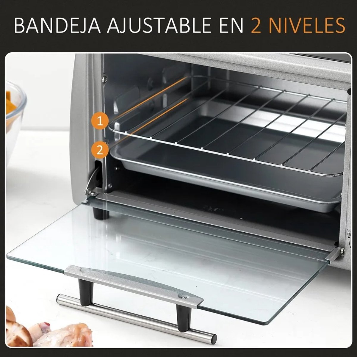 Zerova Electrische oven 10L - Mini Oven 750W - Bakmachine - Combi-oven - Heteluchtoven vrijstaand - Timer 60 min - Zilver – foto 7