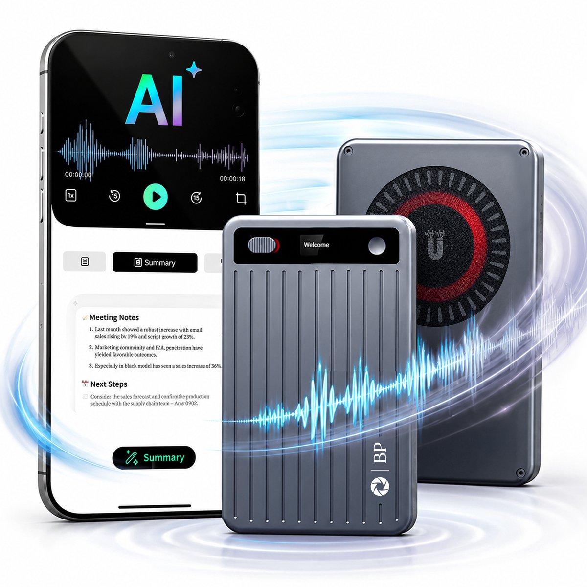 BP® AI Voice Recorder - 64GB - AI Dictafoon - Transcriptie & Samenvattingen - Audio Recorder - Bluetooth App - Mindmaps