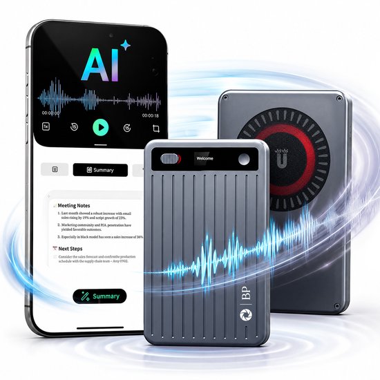Grijze BP voice recorder met smartphone die AI transcriptie toont. Golfvormige audio visualisatie.