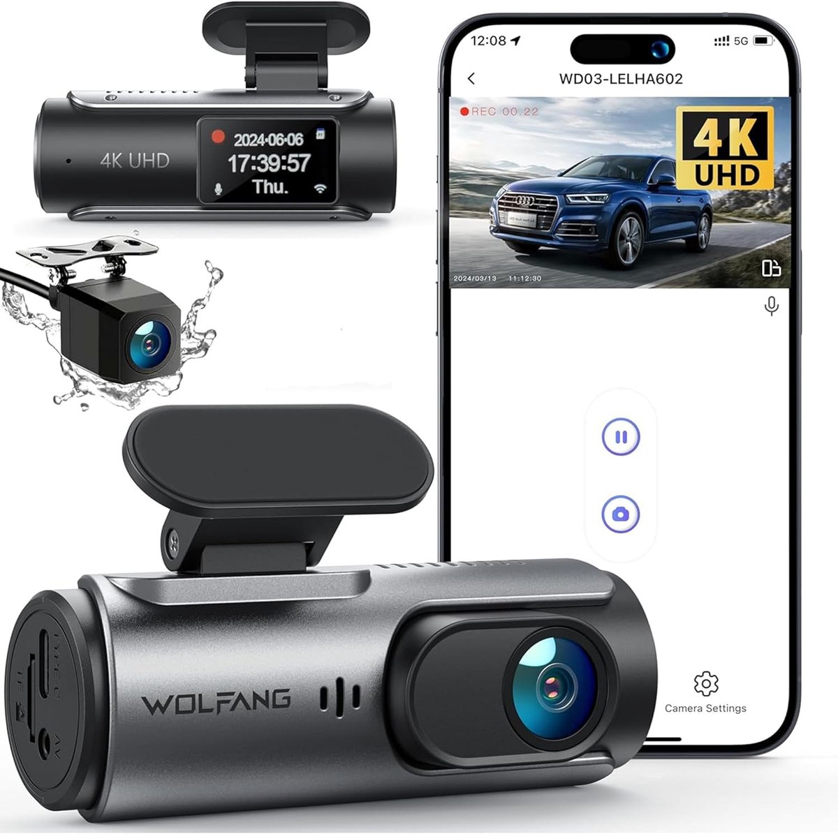 Dashcam Auto Voor Achter - 4K - Ultra HD Nachtzicht - Ingebouwde WiFi - Voor Auto's