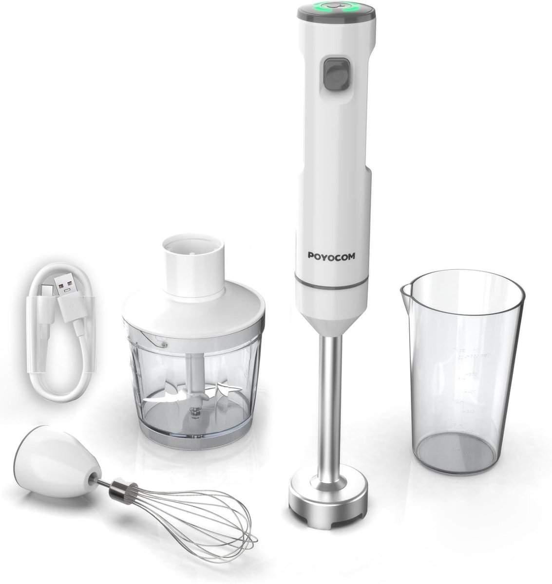 Draadloze Staafmixer - Wit - Oplaadbaar met Type-C Kabel - Met Hakmolen en Garde - Voor Smoothies en Soepen