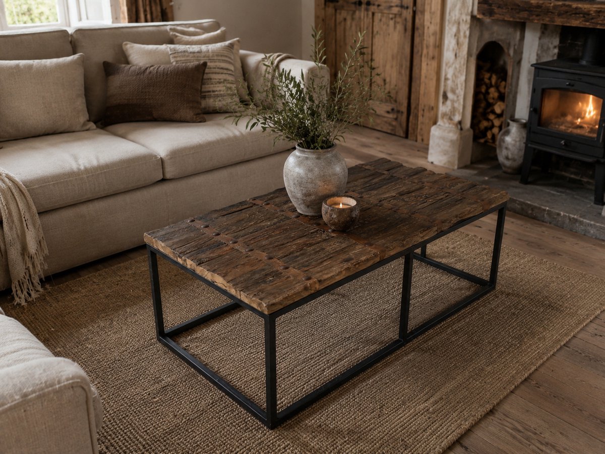 Oude landelijke salontafel rechthoekig oud hout oude deur salontafel 120x70x50 cm met metalen frame