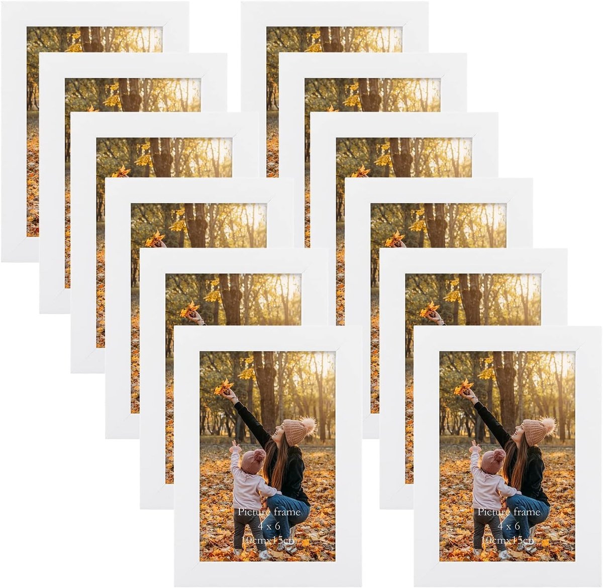 Set van 12 Fotolijsten 10x15 - Witte Houtnerf - Inclusief Glasplaat - Voor Wand- of Tafelgebruik