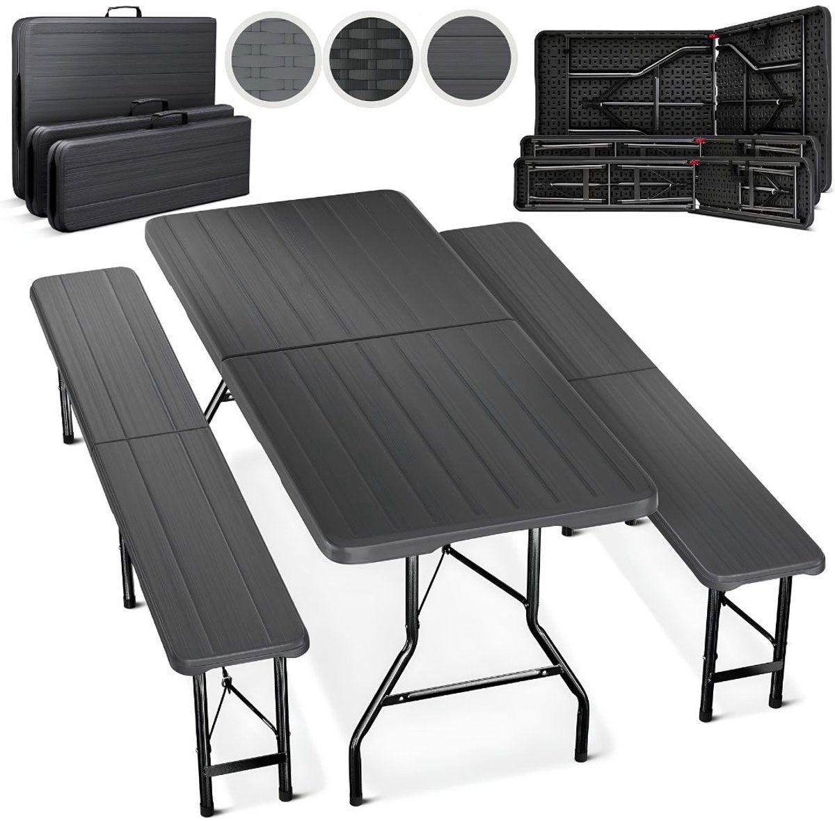 JCP® Tafel - 2 Bierbanken en 1 Biertafel - Biertafel - Biertafel met Banken - Antraciet - 90cm x 74cm x 8cm