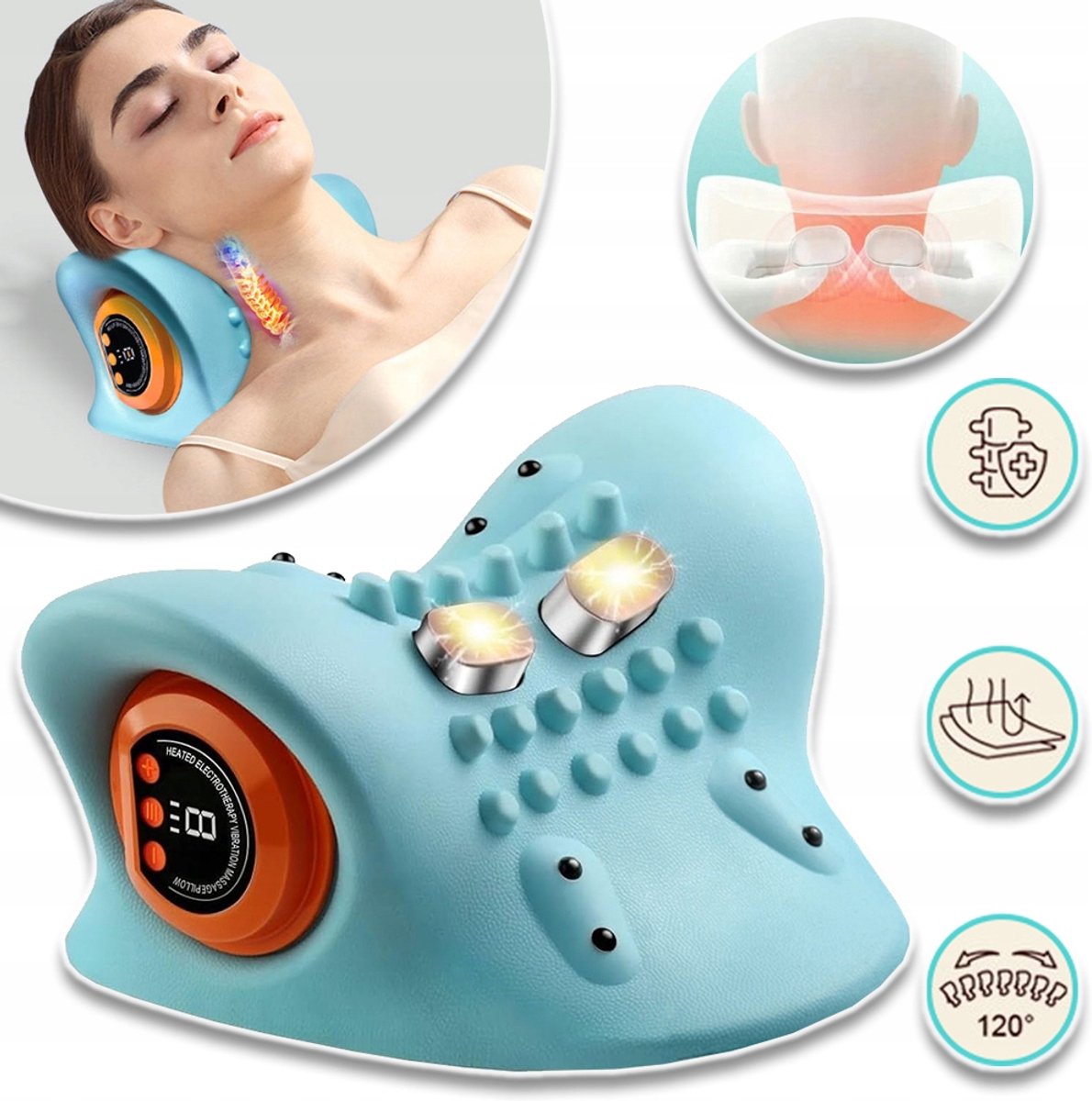 Nekmassagekussen EMS - Laagfrequente Puls Constante Temperatuur Warmtecompressie - 6 Intensiteitsniveaus 3 Warmtestanden - Oplaadbaar via Type-C 3 Vibratiestanden - Blauw