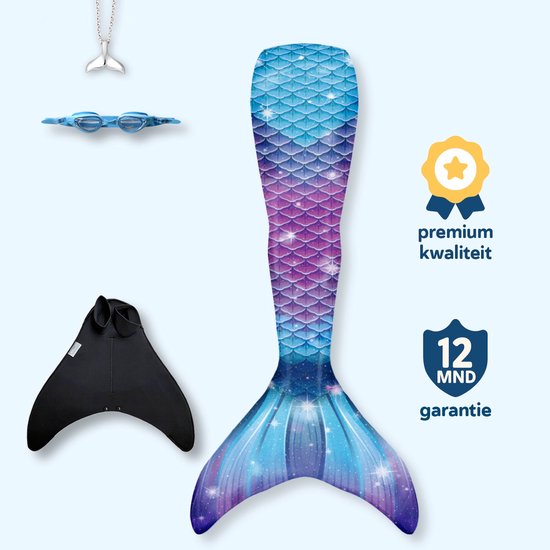 Galaxy zeemeerminstaart maat 158-164 (XS) - monovin met voetvakken - zwembril en ketting