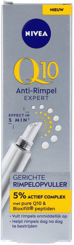 NIVEA Q10 Anti-Rimpel Expert verpakking met applicator en druppels, effect in 5 minuten.