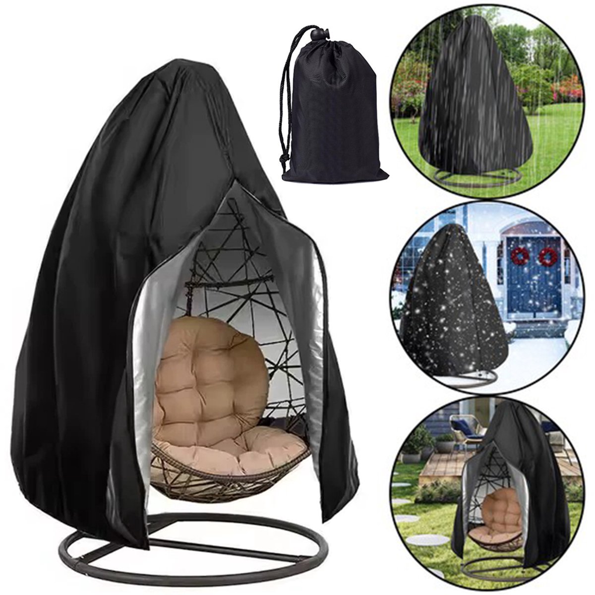 Beschermhoes voor hangstoel – Buitenhoes voor hangstoel - Hoes voor schommelstoel voor buiten - Ritssluiting aan de bovenkant - Trekkoord - Inclusief opbergtas - Waterdicht en winddicht - 190 x 115 cm - 210D Oxford-stof - Zwart