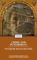 Boekomslag van 'Crime and Punishment' van Fyodor Dostoevsky, met een portret van een man vastgepind op een houten bord met touw.