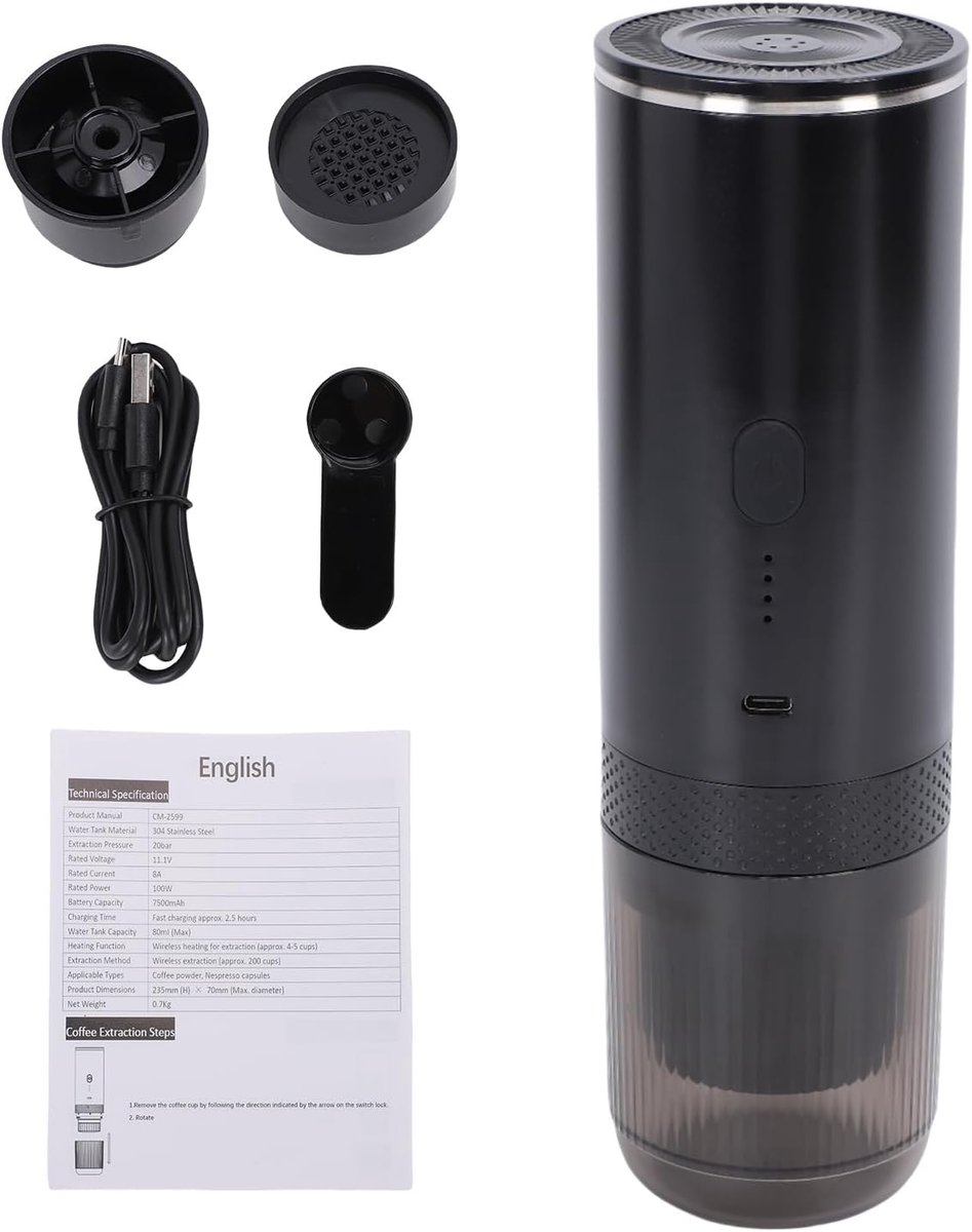 Draagbaar Koffiezetapparaat Compacte Machine Koffie Zetten Dubbele Functionaliteit 7500mAh Batterij Zwart