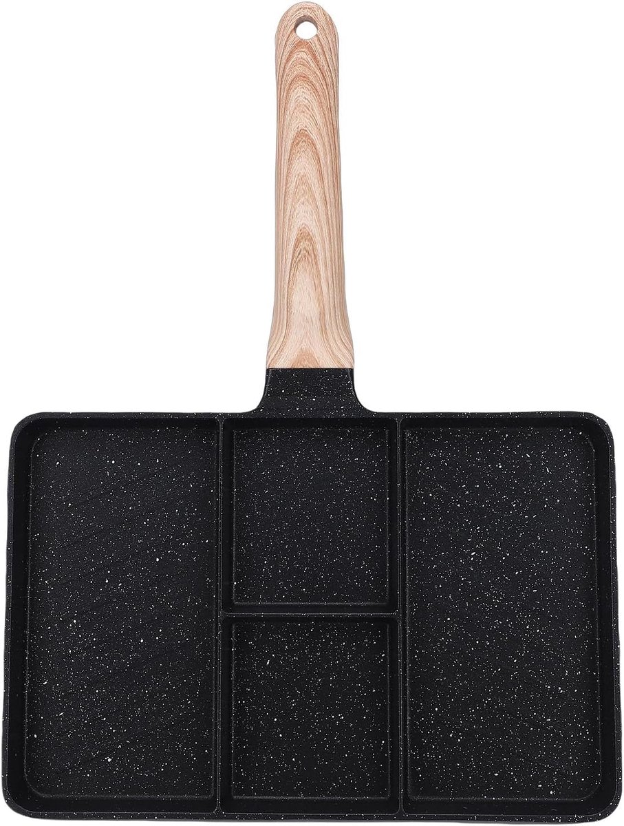 Verdeelde Grillpan - Ontbijtpan Koekenpan - Meerdere Gerechten Koken - Vier Vaks Ontwerp - 27x37cm - Zwart