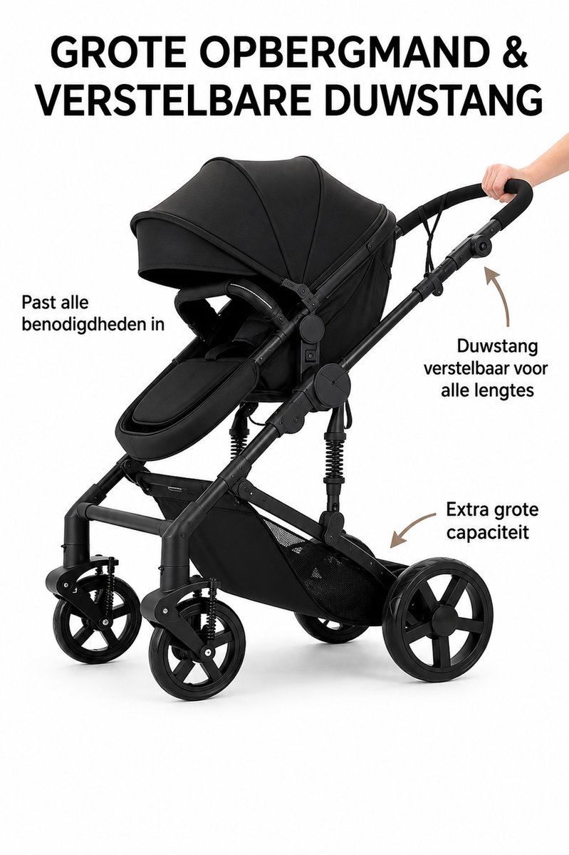 3-in-1 kinderwagen reissysteem – Kinderwagen en buggy met autostoeltje – Lichtgewicht, opvouwbaar en compact – Schokdempende wielen – Omkeerbare zitting – Verstelbare rugleuning en duwstang – UV-bescherming – Ruime opbergmand - Zwart thumbnail 6