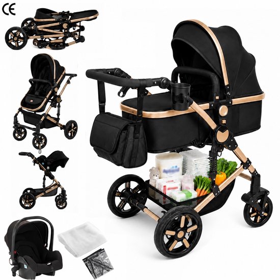 Zwarte kinderwagen met gouden frame, gevuld met babybenodigdheden. Inclusief opvouwbaar frame, autostoeltje, zitje, reiswieg en accessoires.