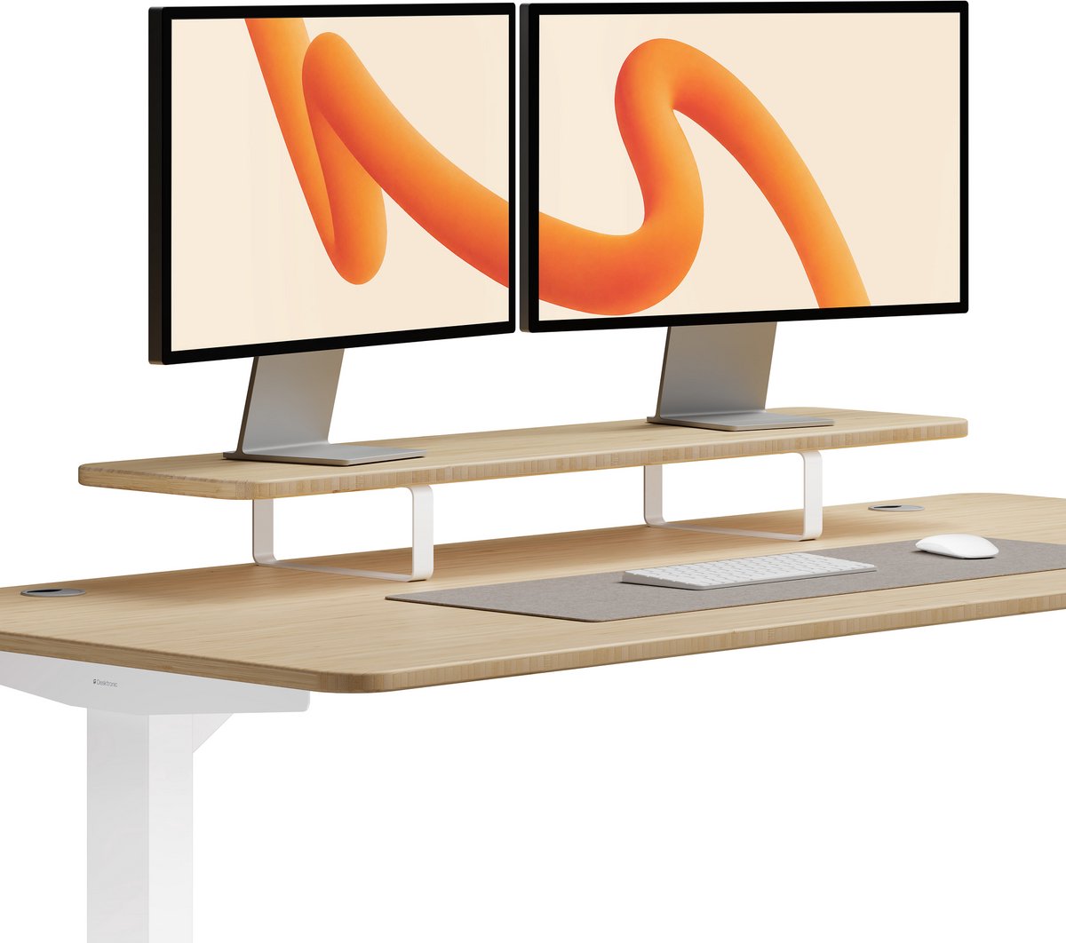 Desktronic Monitorstandaard 2 Schermen Wit/Bamboe - Monitor Verhoger Hout - 114 x 28 cm